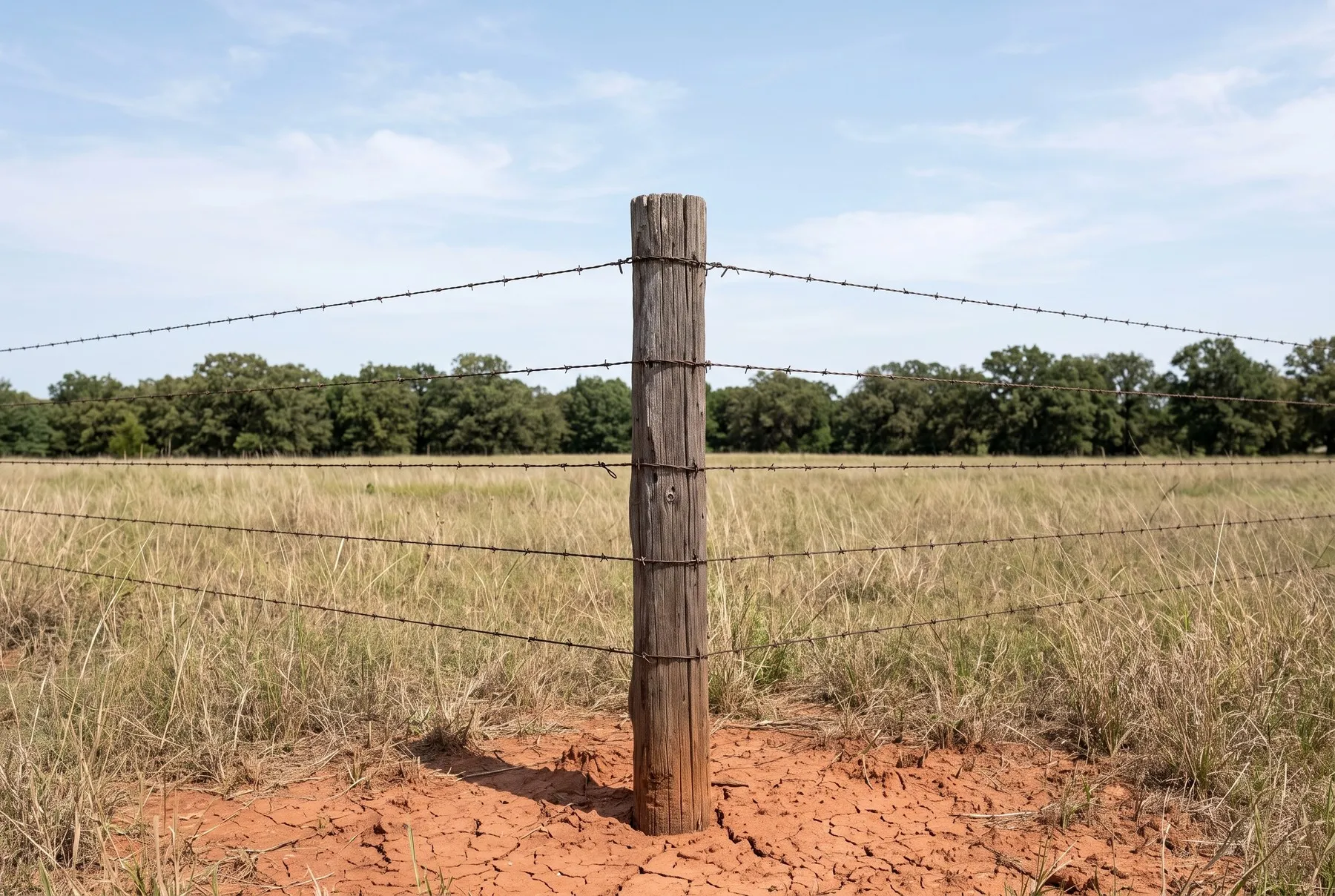 A corner fence post on a rural Oklahoma property, barbed wire running away in two directions across open tallgrass toward an oak treeline.