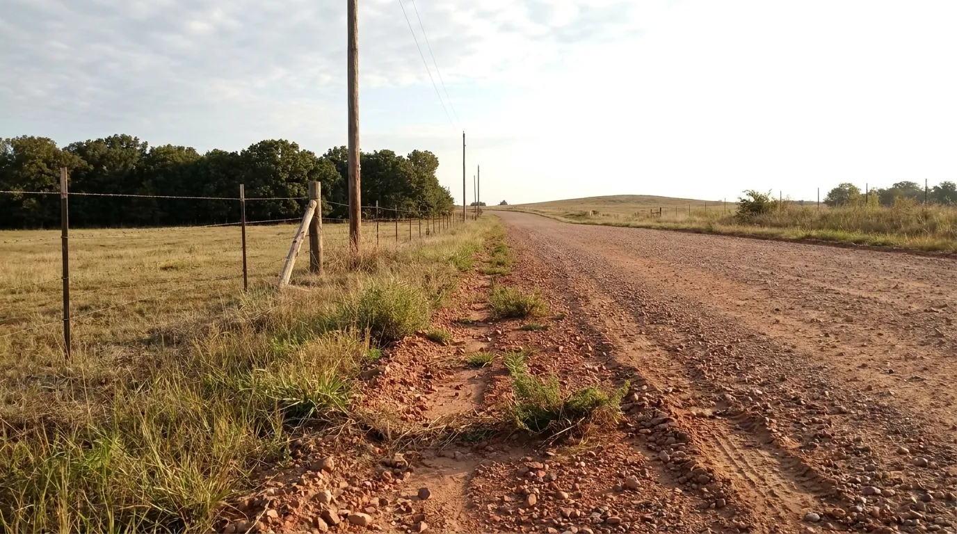 An empty red gravel county road running between fence lines and open pasture in rural Creek County, Oklahoma.