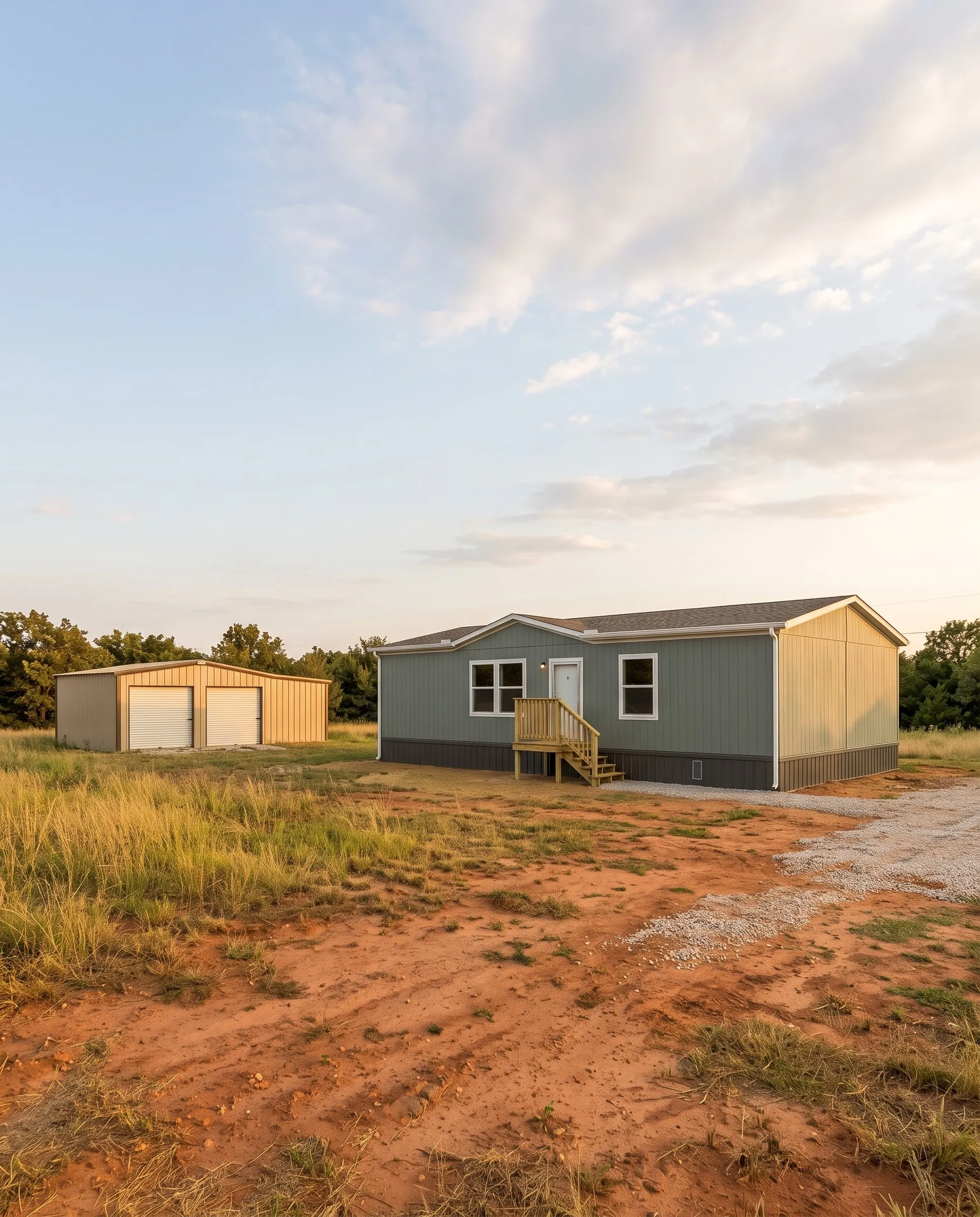 A new single-story home and a detached metal shop at the edge of an oak tree line, with a gravel drive and open pasture under an evening sky.