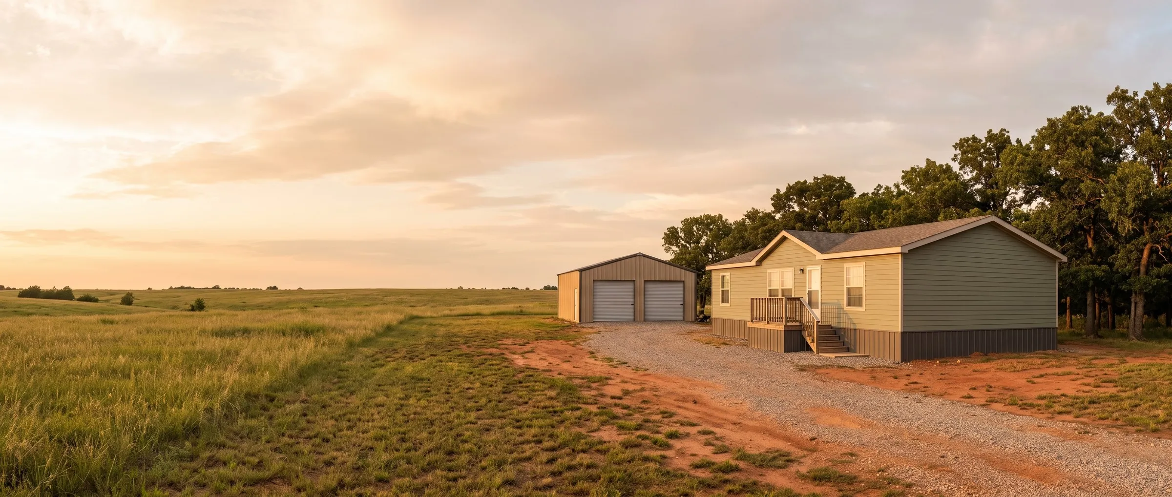 A new single-story home and a detached metal shop at the edge of an oak tree line, with a gravel drive and open pasture under an evening sky.