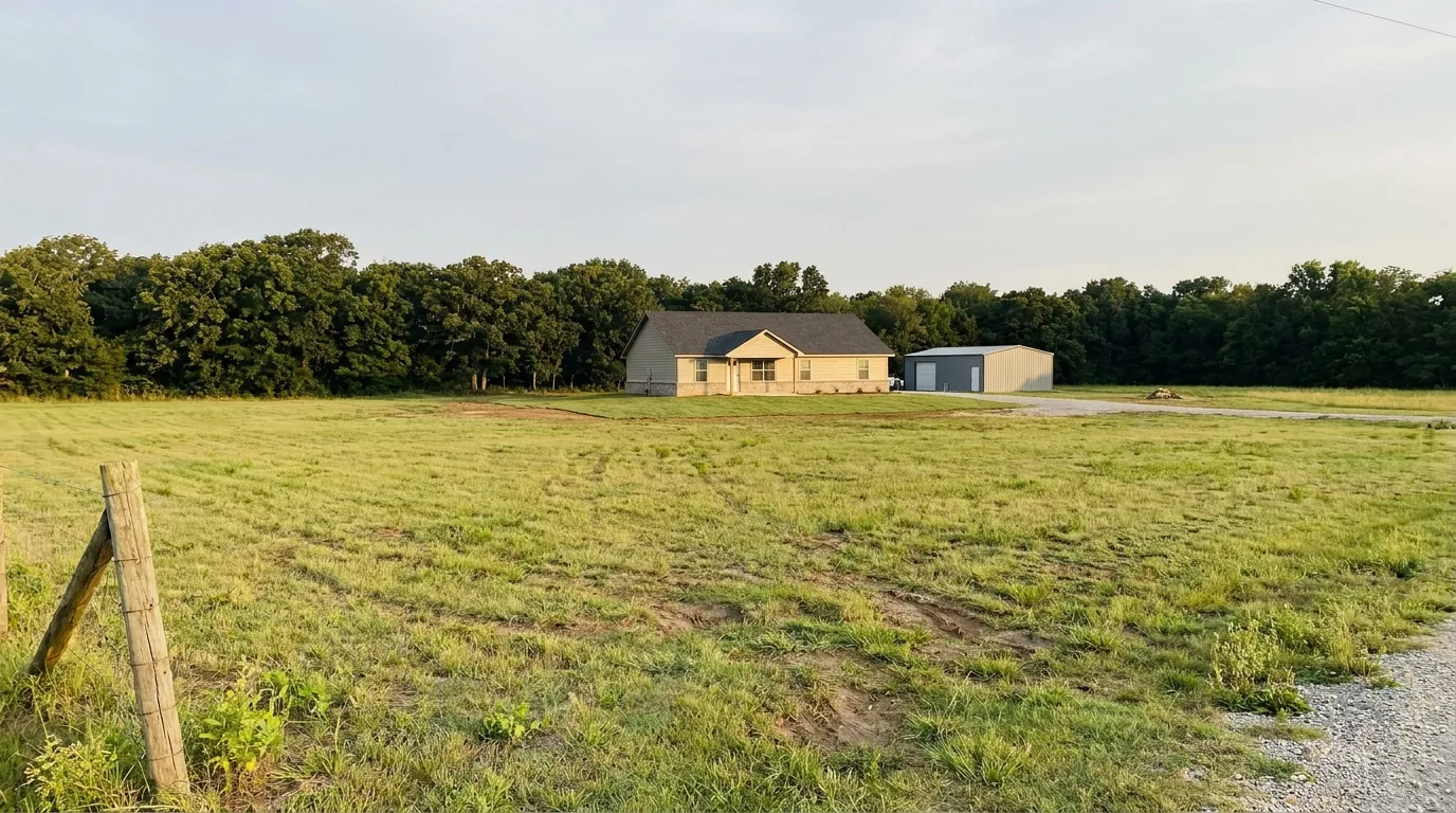 A new single-storey house sitting small in a wide open pasture, with a metal workshop building beside it.