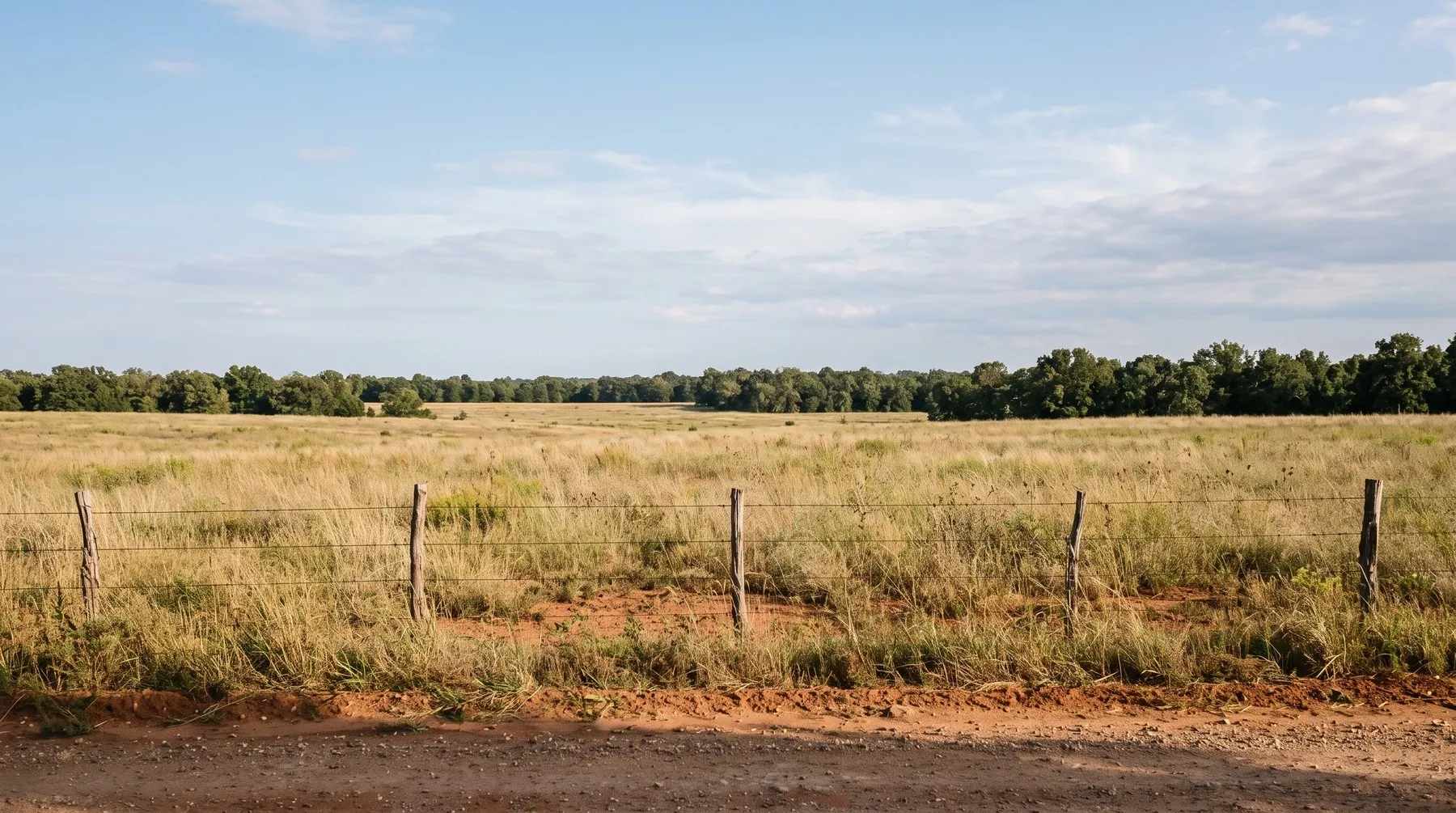 Open grassland behind a wire fence along a red dirt road, with a tree line in the distance.