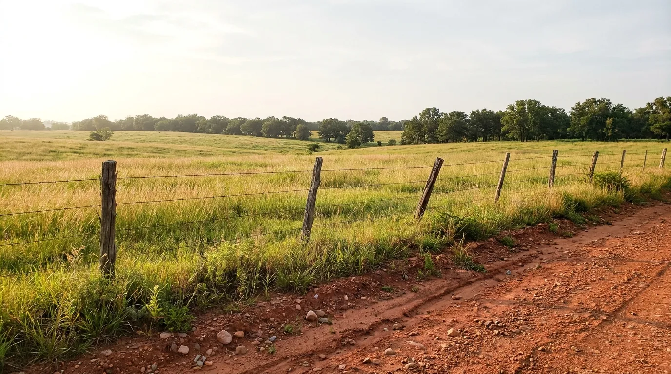 Open pasture in Creek County, Oklahoma seen from a red gravel county road, with a barbed wire fence in the foreground and a post oak treeline along the horizon.
