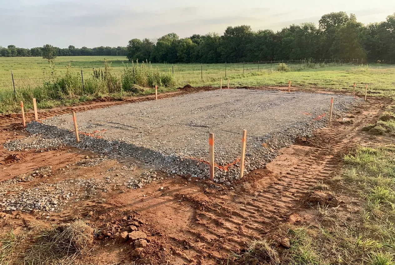 A freshly built gravel building pad on cleared ground, with orange-marked grade stakes around it and excavator tracks in the red clay.