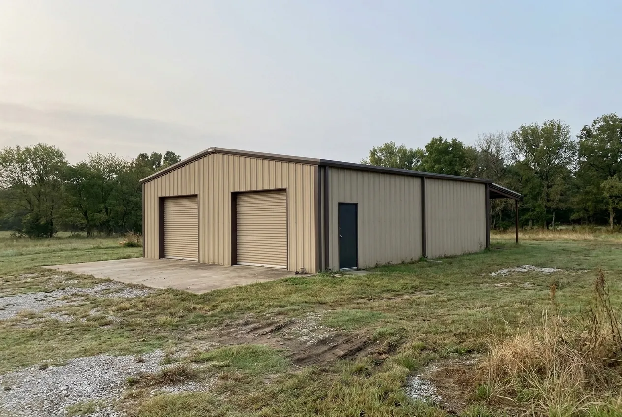 A tan metal workshop building on open acreage with two closed overhead doors, a concrete apron, and a lean-to along one side.