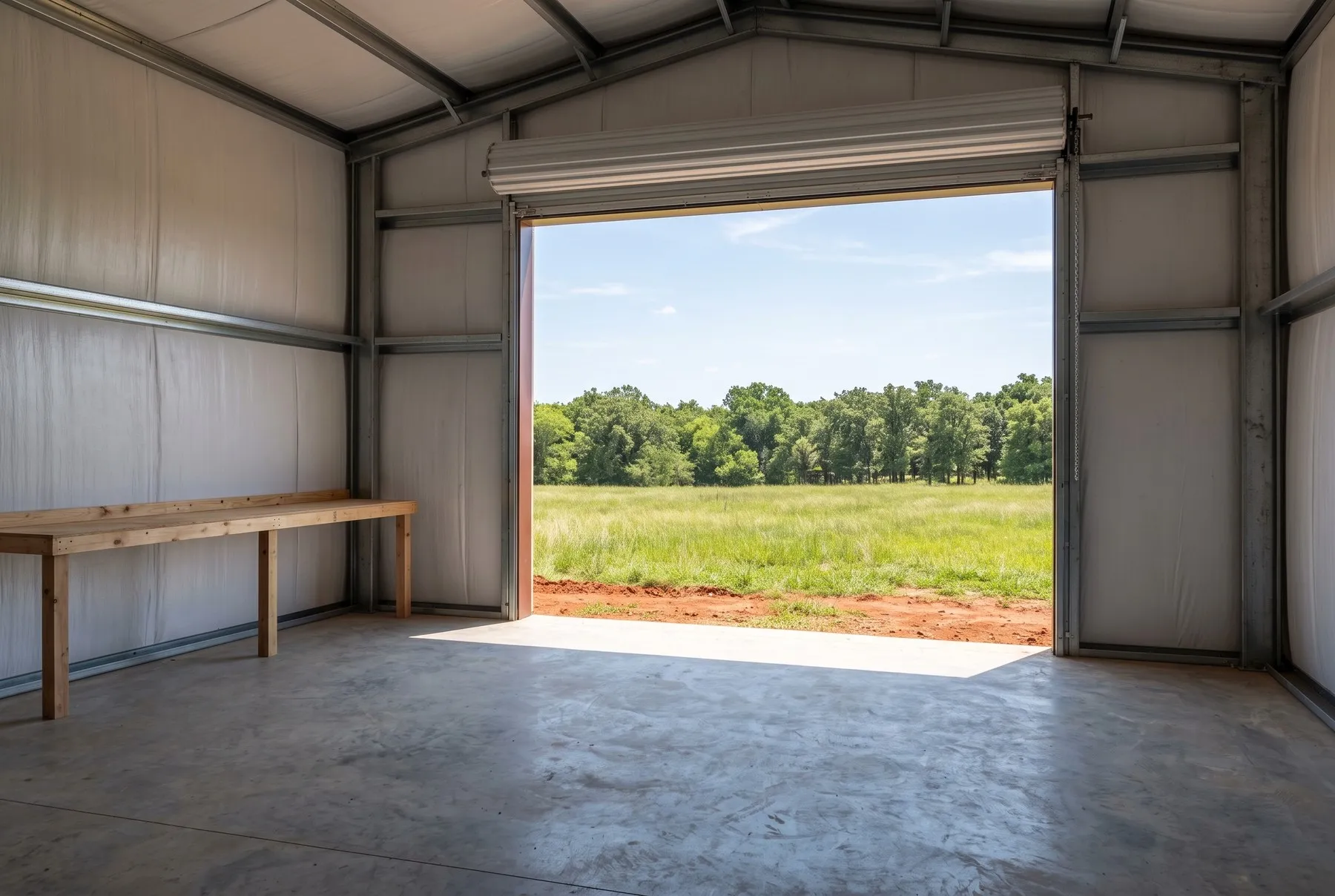 The inside of an empty metal workshop: bare concrete floor, insulated walls, a workbench, and an overhead door open onto pasture.