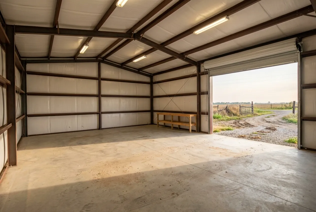 The inside of an empty metal workshop: bare concrete floor, insulated walls, a workbench, and an overhead door open onto pasture.