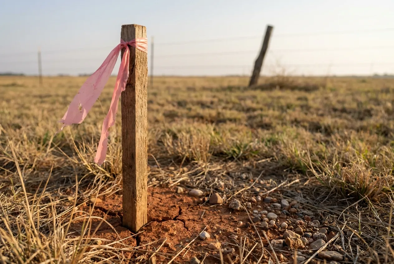A wooden survey stake with pink flagging tape driven into cracked red Oklahoma clay, open grassland soft behind it.